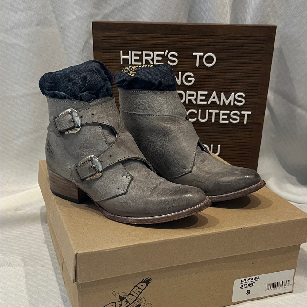 Freebird Saga I  Stone Leather Buckle Ankle Boots